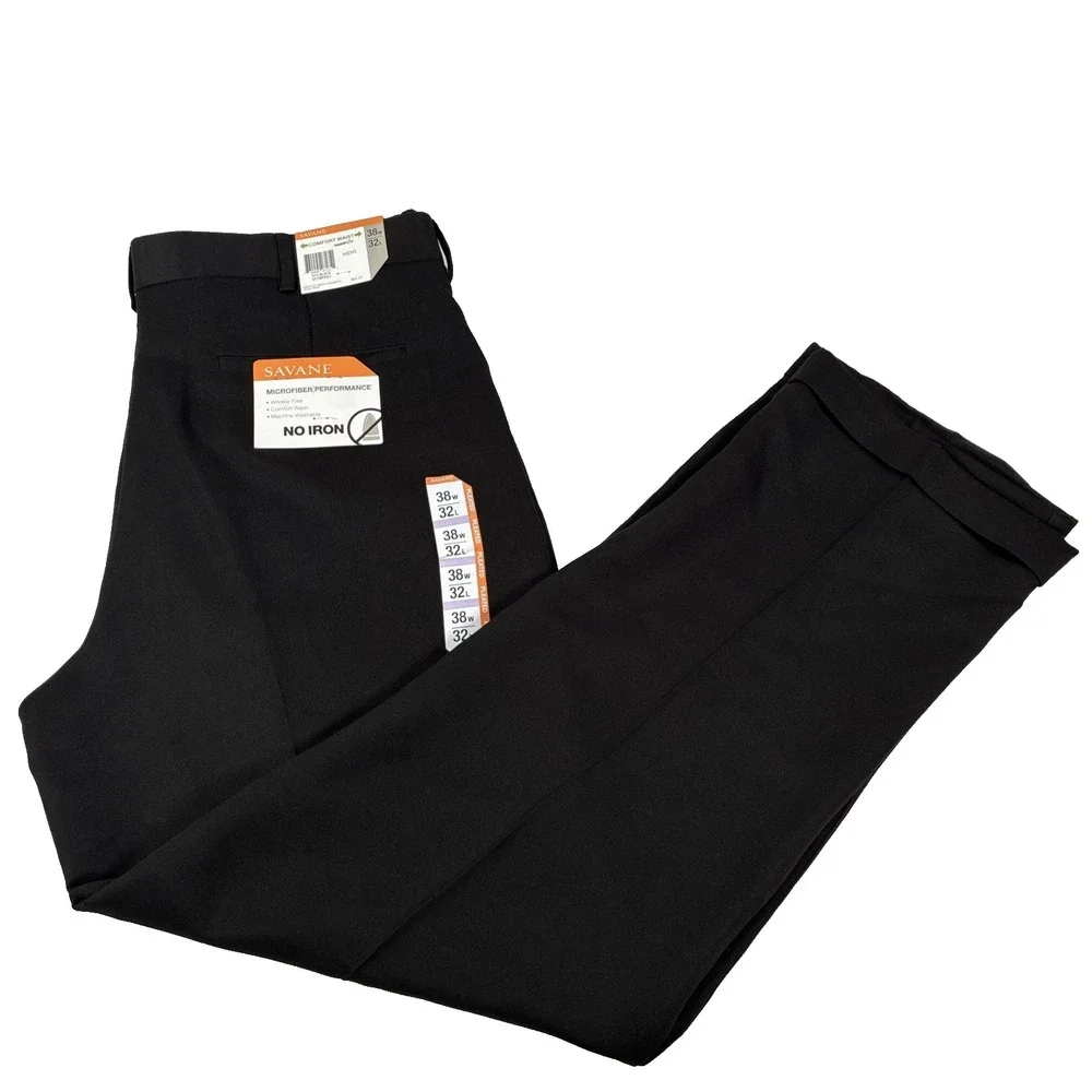 New Mens Savane Pleated Comfort Waist Chino Pants Size 38x32 Black Microfiber